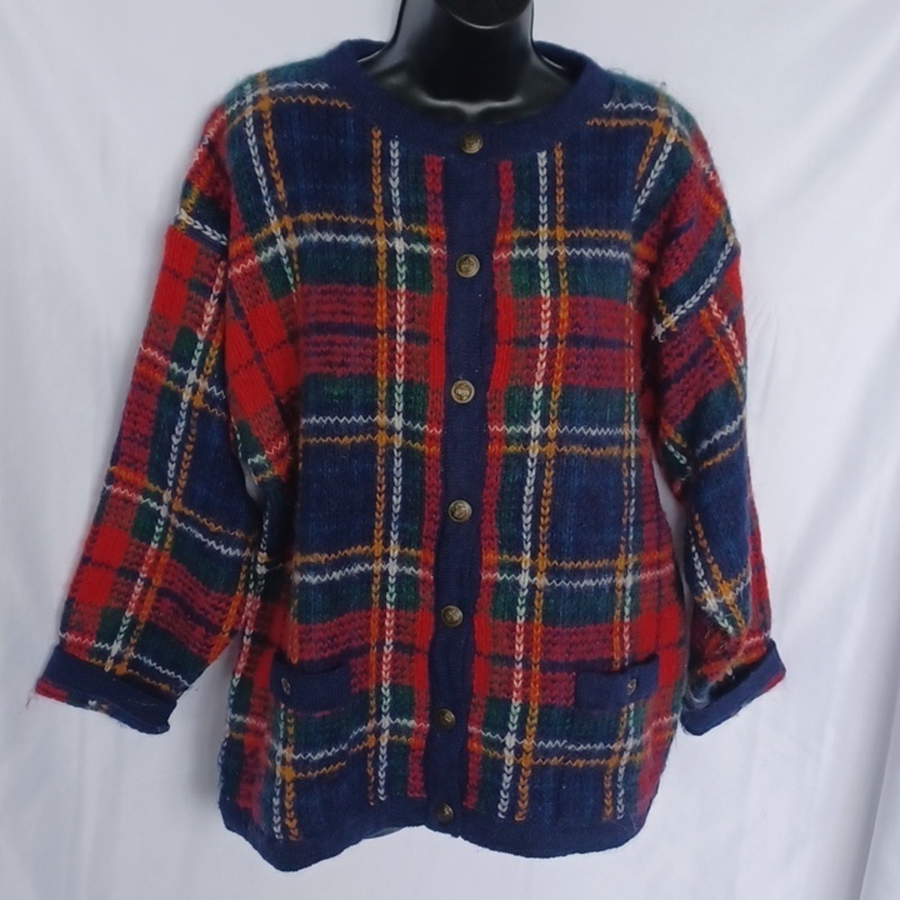 Vintage Cape Isle Plaid Mohair Blend Knit Cardigan - Navy / Red green